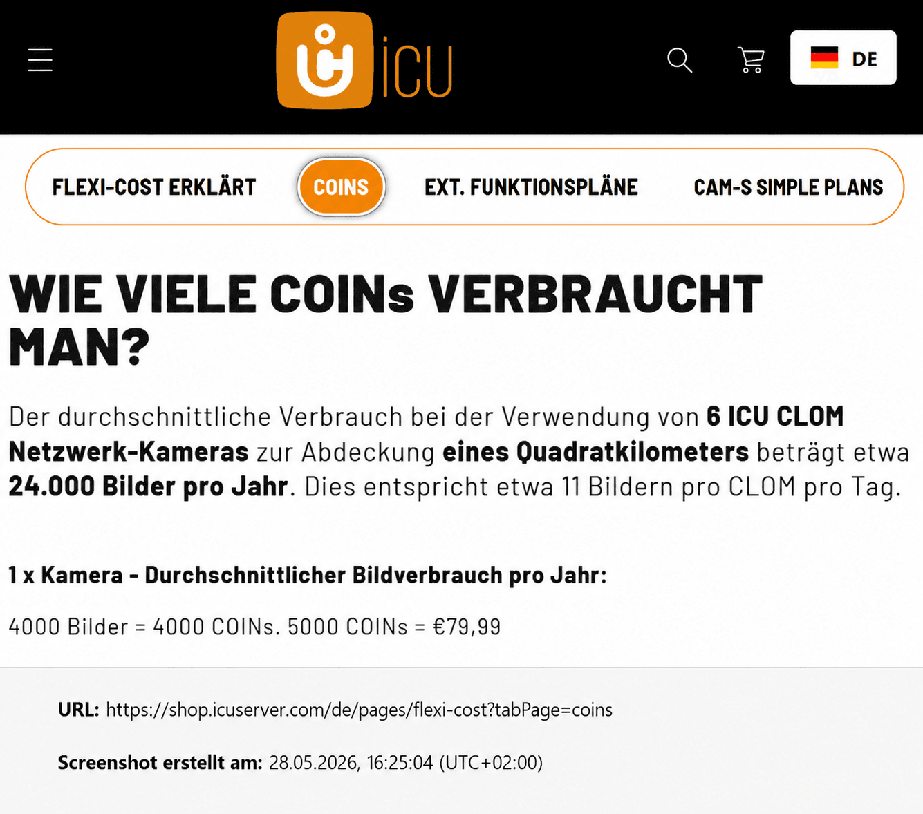 Screenshot aus dem ICU Shop, Bereich Flexi-Cost / Coins: Der durchschnittliche Verbrauch bei der Verwendung von 6 ICU CLOM Netzwerk-Kameras zur Abdeckung eines Quadratkilometers beträgt etwa 24.000 Bilder pro Jahr. Dies entspricht etwa 11 Bildern pro CLOM pro Tag.