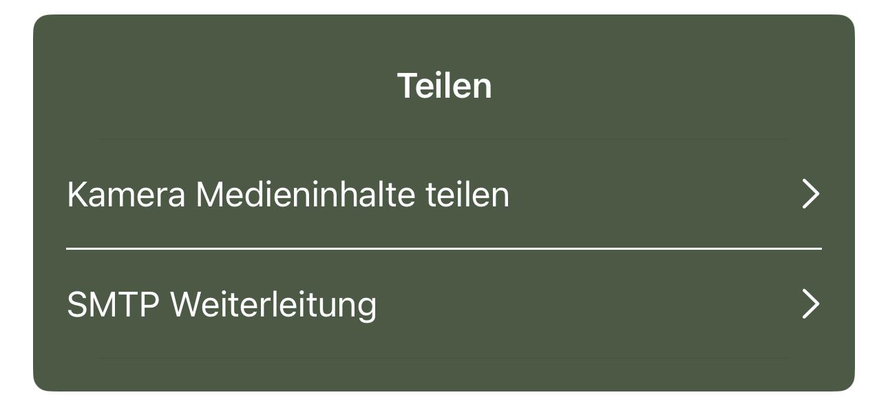 Bereich „Teilen“ in der Dörr App mit dem Menüpunkt „SMTP Weiterleitung“