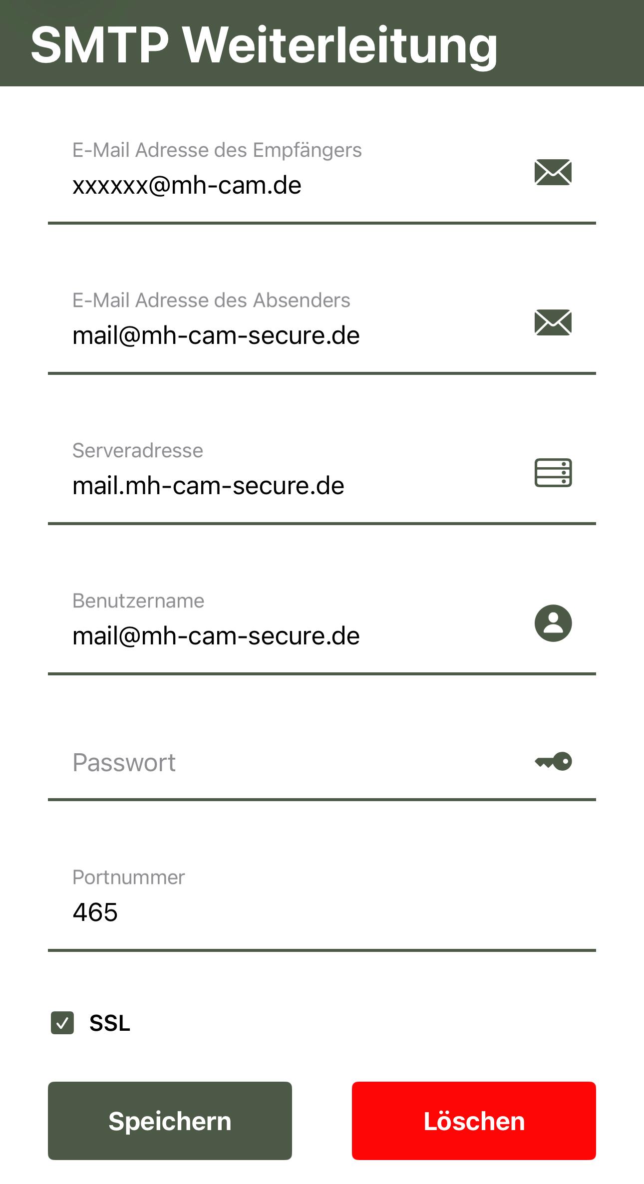 Ausgefülltes SMTP-Weiterleitungs-Formular in der Dörr App mit Empfänger, Absender, Serveradresse, Benutzername, Port 465 und aktiviertem SSL
